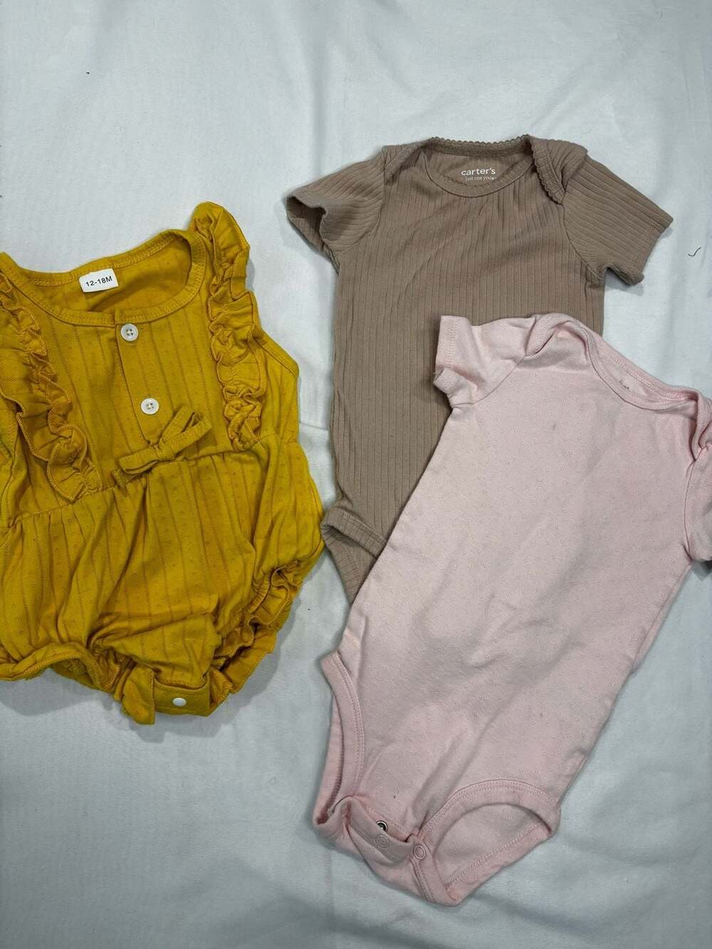 Carter's Baby Girl 3-Piece Romper Set - Yellow Ruffled, Brown Ribbed, and Pink